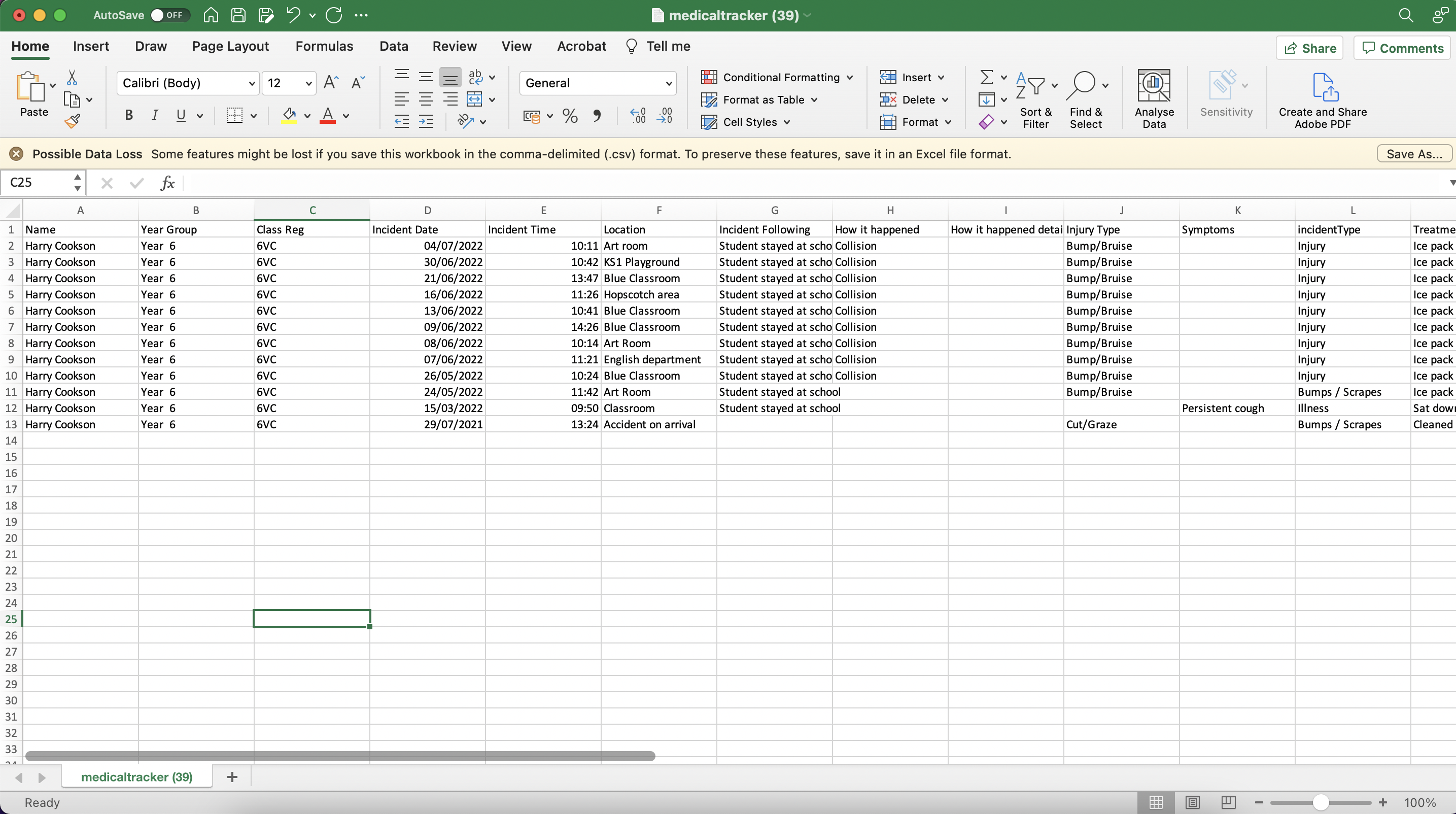 screen shot of data imported to excel