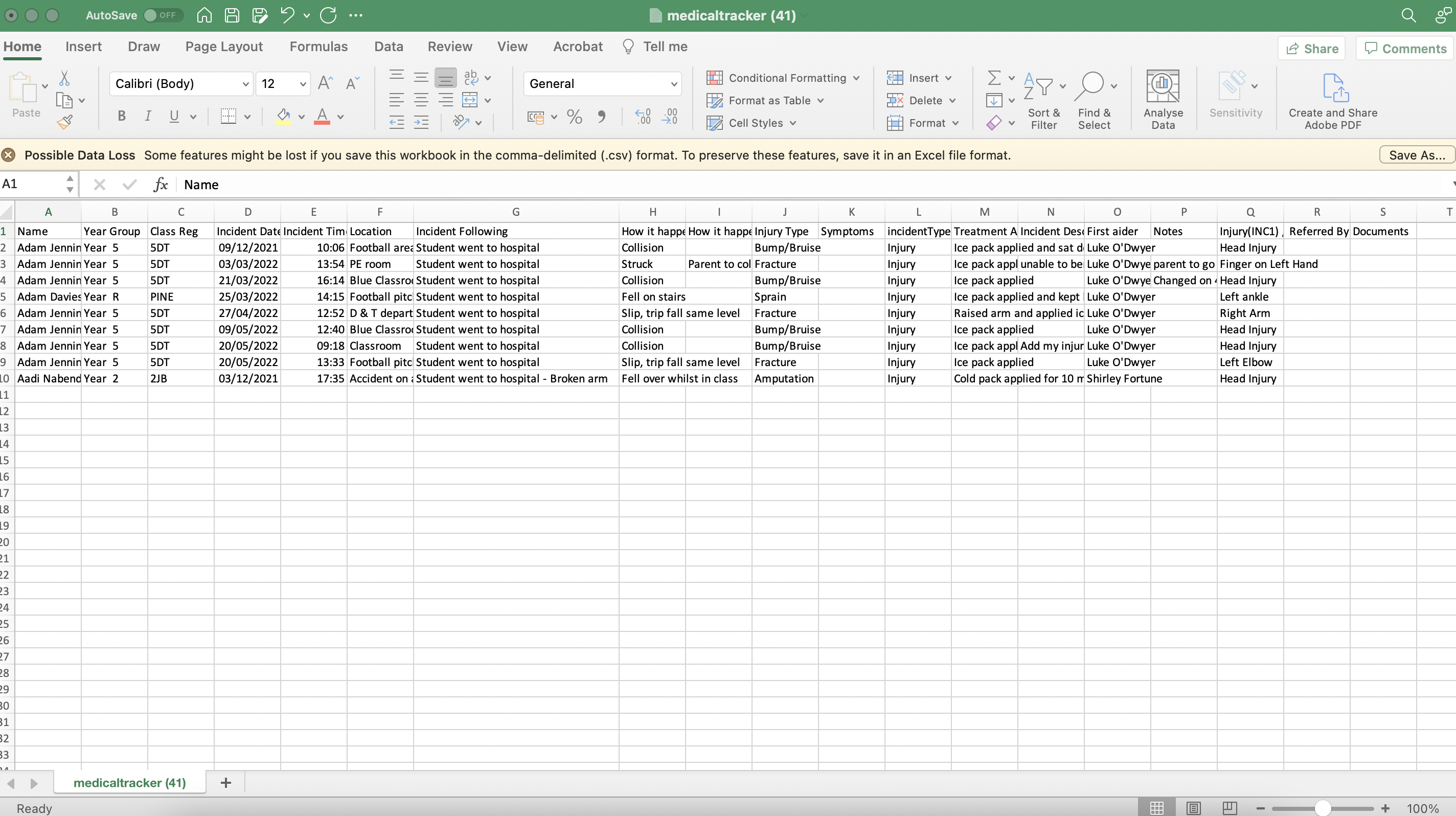 Screenshot of imported CSV file to excel