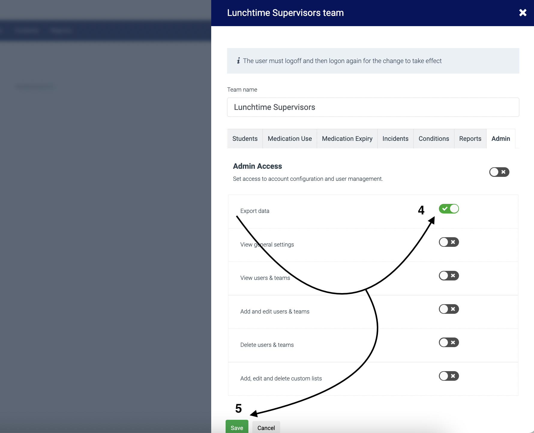 Permission form with export data toggled to on position